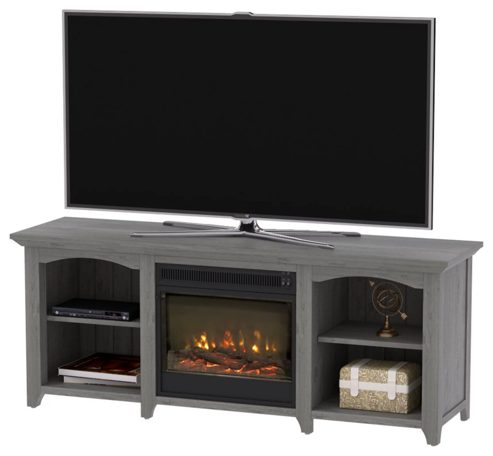 Traditional TV Console  Storage Shelves With Cord Management  ampFireplace  Gray   Traditional   Entertainment Centers And Tv Stands   by Declusia  Houzz