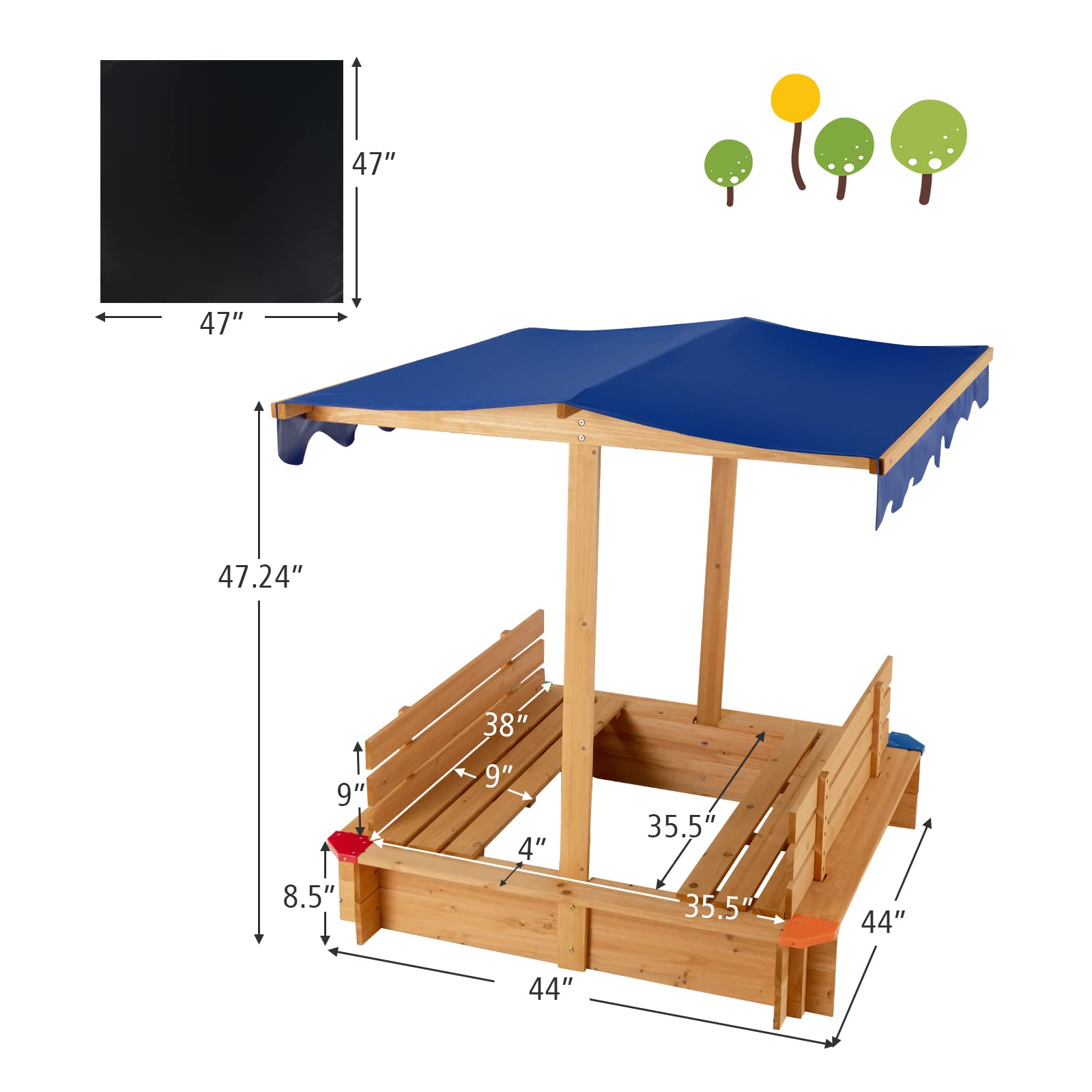 Costzon Kids Wooden Sandbox with Canopy, 2 Bench Seats w/ Backrest