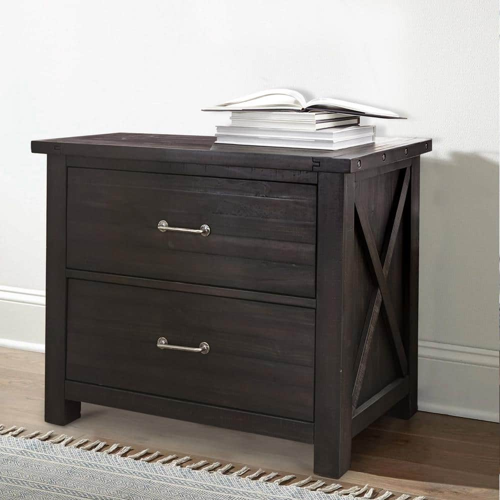 Benjara 2-Drawer Wooden File Cabinet with Metal Handle Pull in Brown Crossed Side Plank BM187809