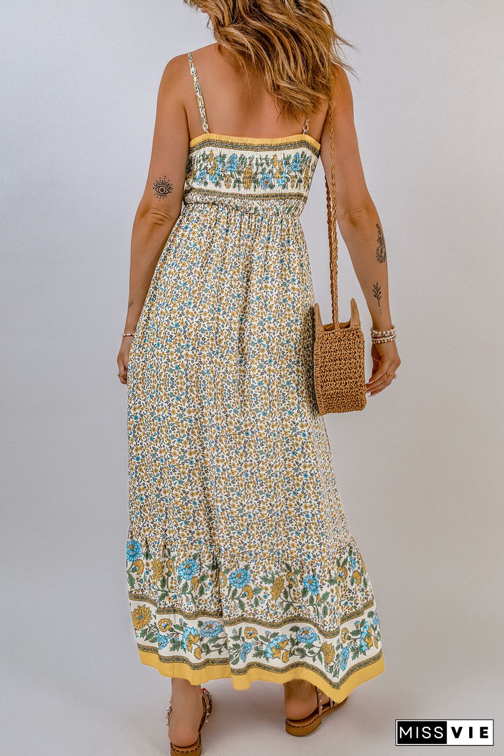 Apricot Floral Print Smocked Back Sleeveless Maxi Dress