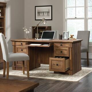 SAUDER 66 in. Rectangular Vintage Oak 6 Drawer Executive Desk with Keyboard Tray 420604