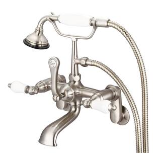 Water Creation 3-Handle Vintage Claw Foot Tub Faucet with Porcelain Lever Handles and Hand Shower in Brushed Nickel F6-0009-02-PL