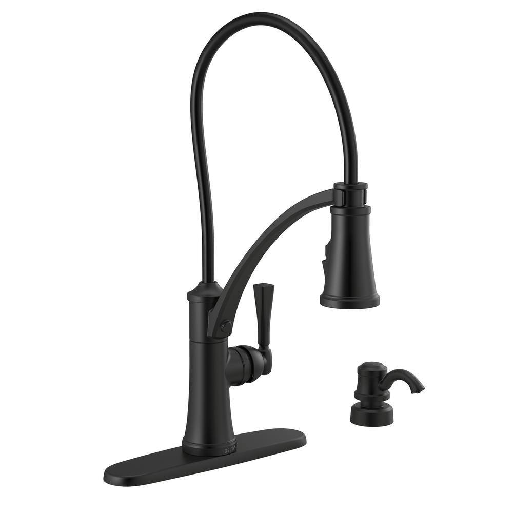 Delta Foundry Single-Handle Pull-Down Sprayer Kitchen Faucet with ShieldSpray and Soap Dispenser in Matte Black 19744Z-BLSD-DST