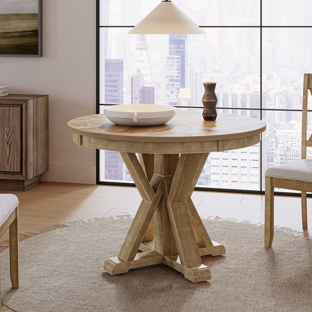 Felicia Farmhouse Natural Solid Wood Round Cross buck Base Dining Table for 4 by HULALA HOME