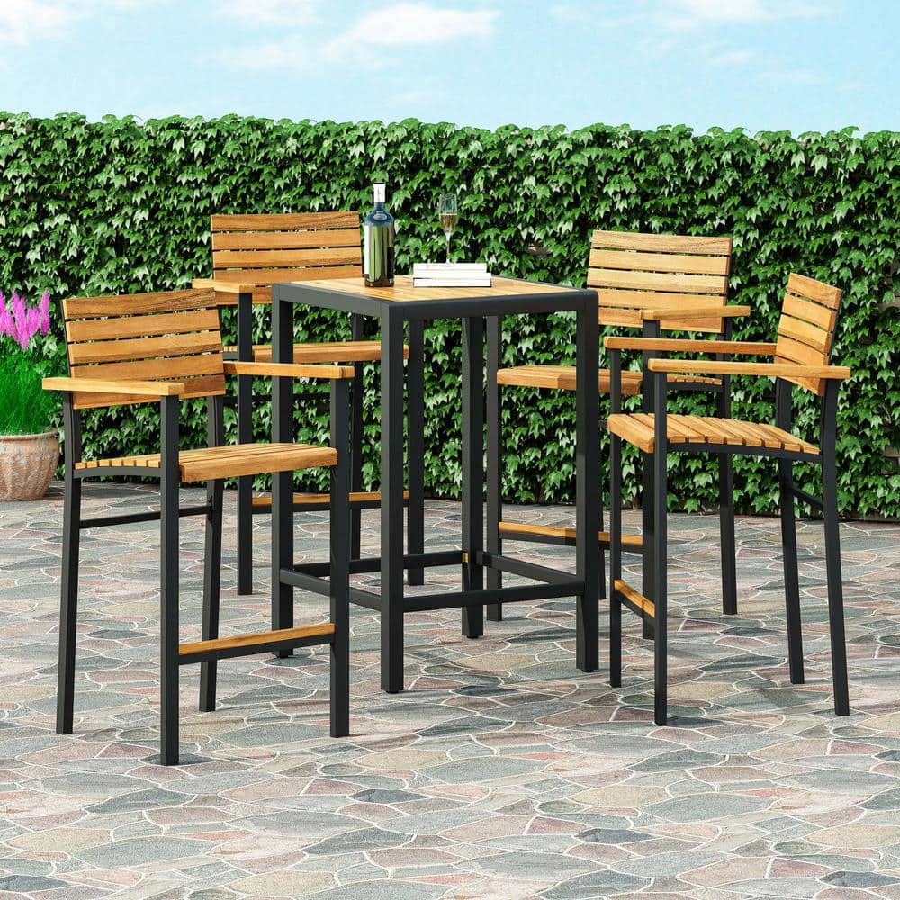 Noble House Brampton Teak Brown Wood Outdoor Bar Stool (4-Pack) 82890