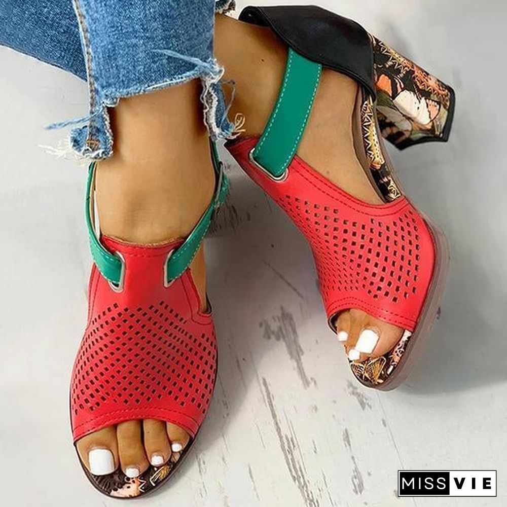 Women Colorblock Hollow Out Chunky Heeled Sandals