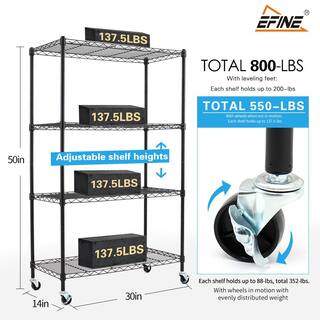 EFINE Black 4-Tier Rolling Carbon Steel Wire Garage Storage Shelving Unit Casters (2-Pack) (30 in. W x 50 in. H x 14 in. D) RL200-4WX2