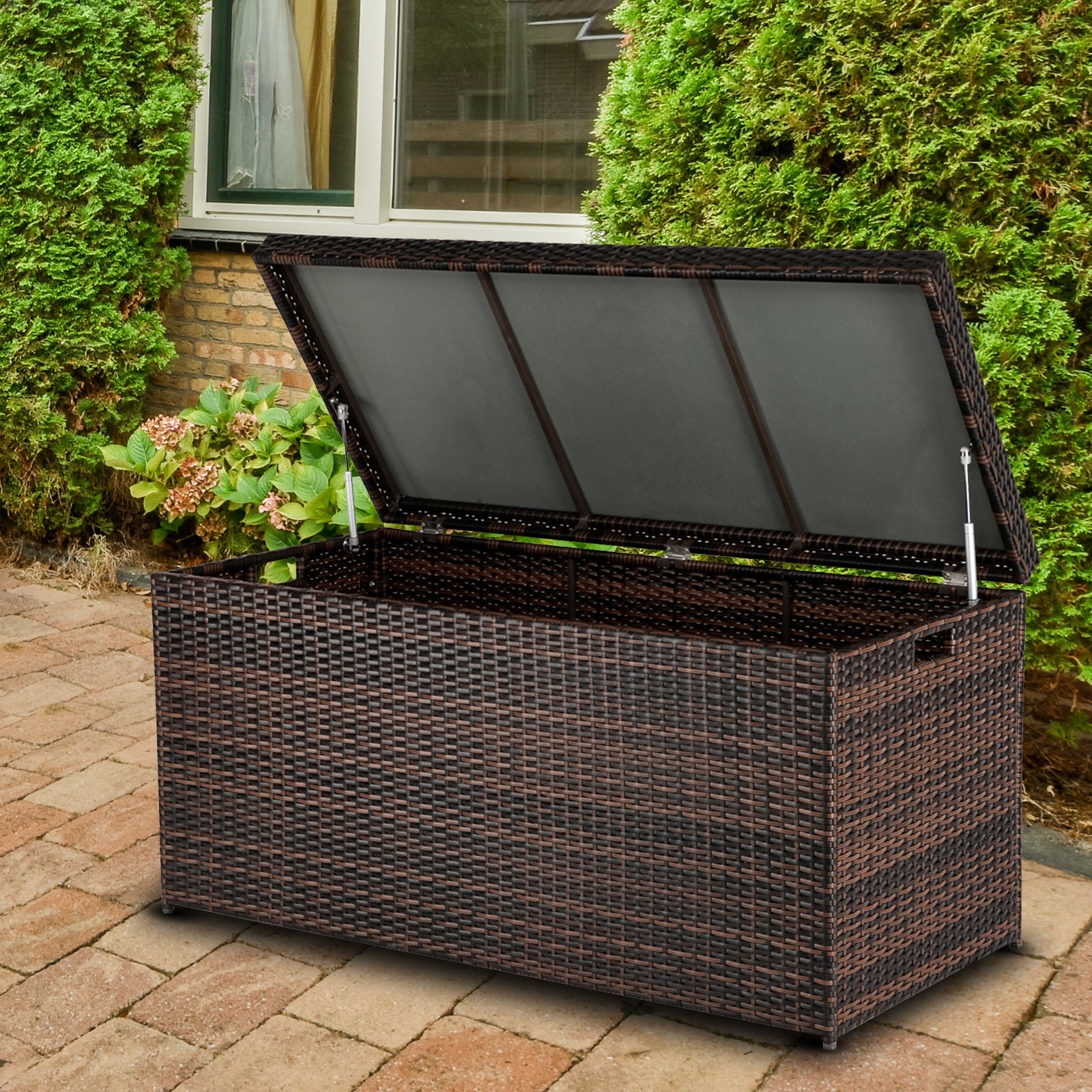 VINGLI Extra Large 132 Gallon Outdoor Rattan Storage Box, Patio Wicker Deck Box, Brown