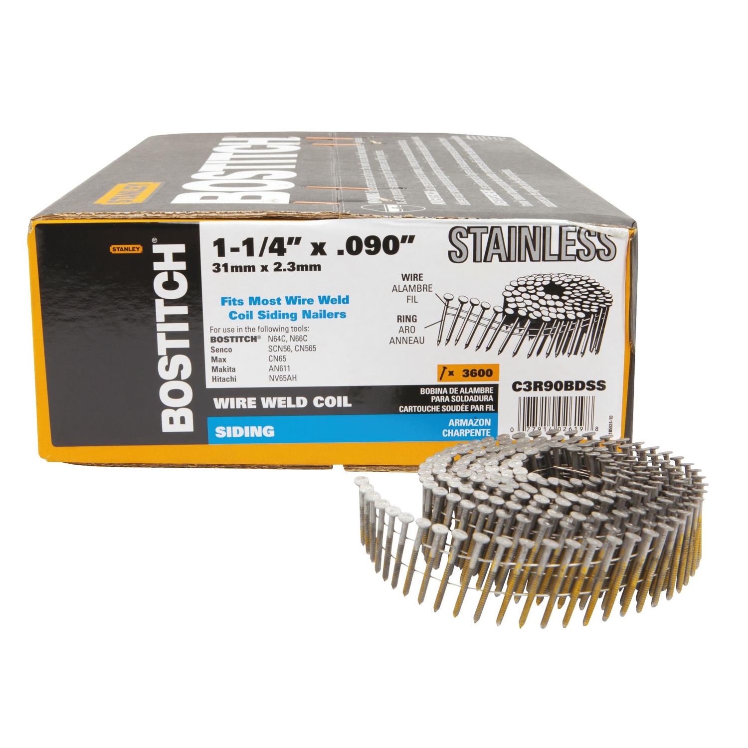 Bostitch 1-1/4 in. 11 Ga. Wire Coil Stainless Steel Siding Nails 15 deg 3，600 pk