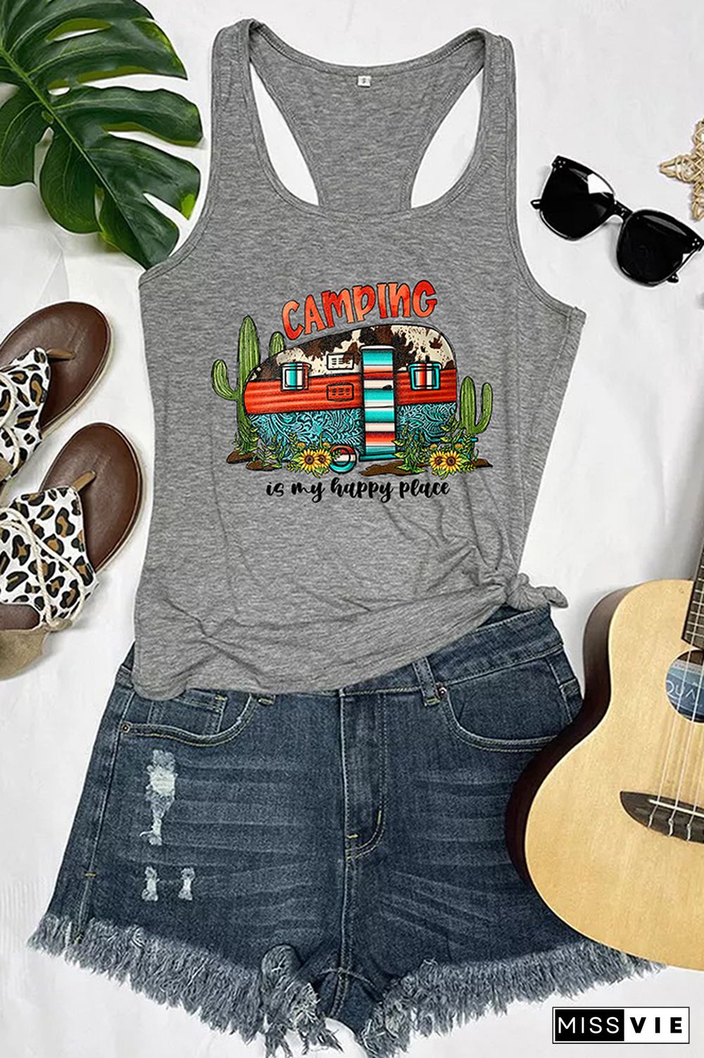 Camping is My Happy Place Printed Sleeveless Tank Top Wholesale