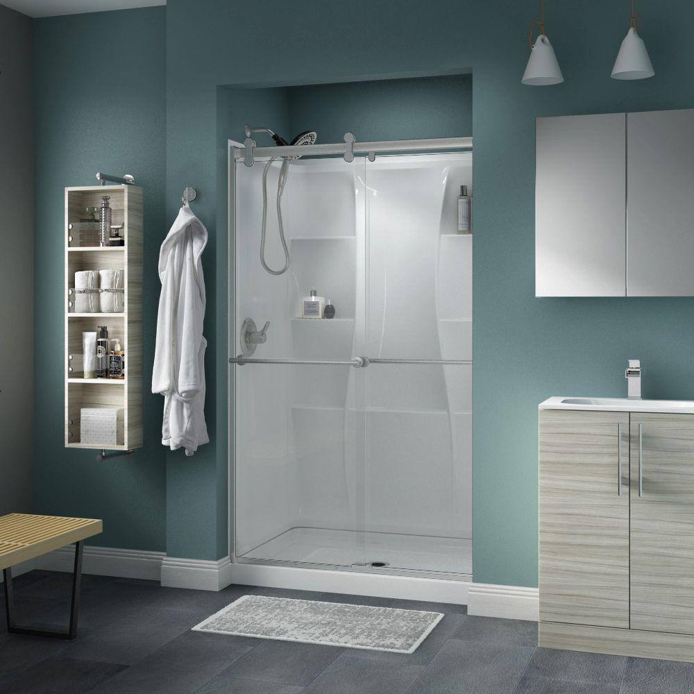 Delta Lyndall 48 x 71 in. Frameless Contemporary Sliding Shower Door in Nickel with Clear Glass 2439198