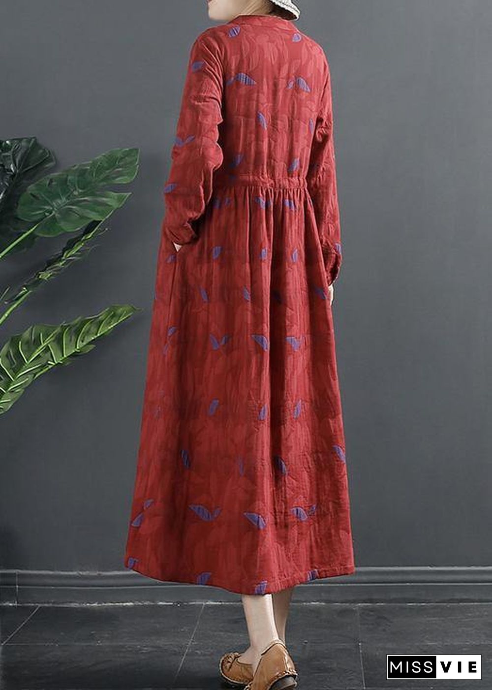 DIY Stand Collar Quilting Dresses Pattern Red Print Long Dress