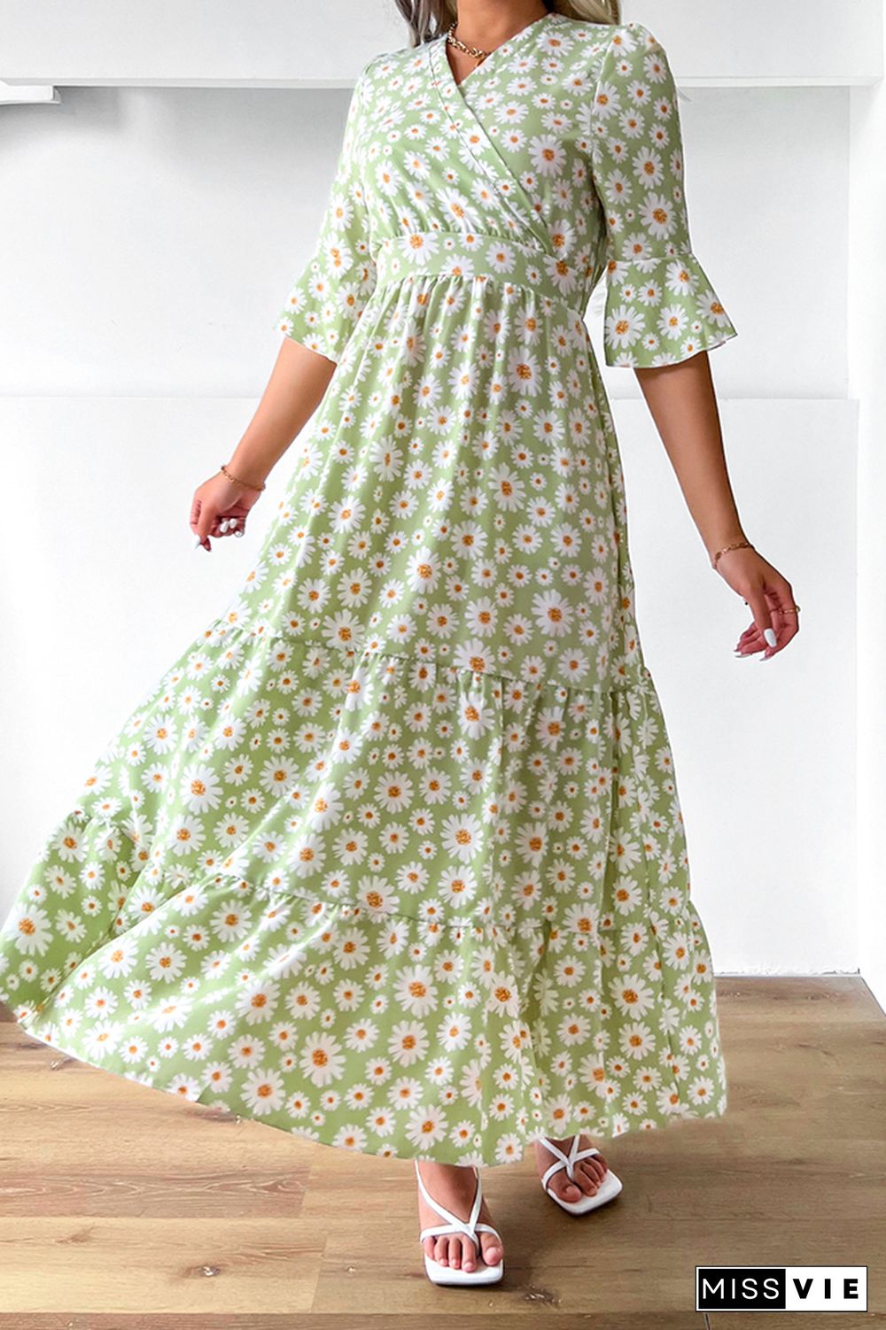 Paisley Floral Print Flare Sleeves Maxi Dress Wholesale