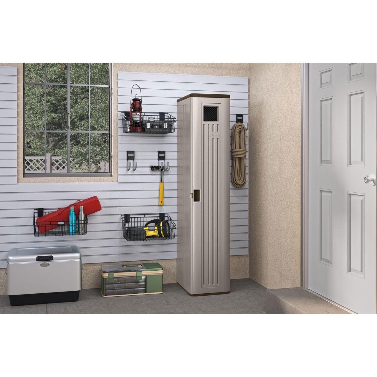 Suncast Tall Resin Storage Cabinet Locker 72 H x 15 W for Garage， Home， Shed， Platinum Metallic