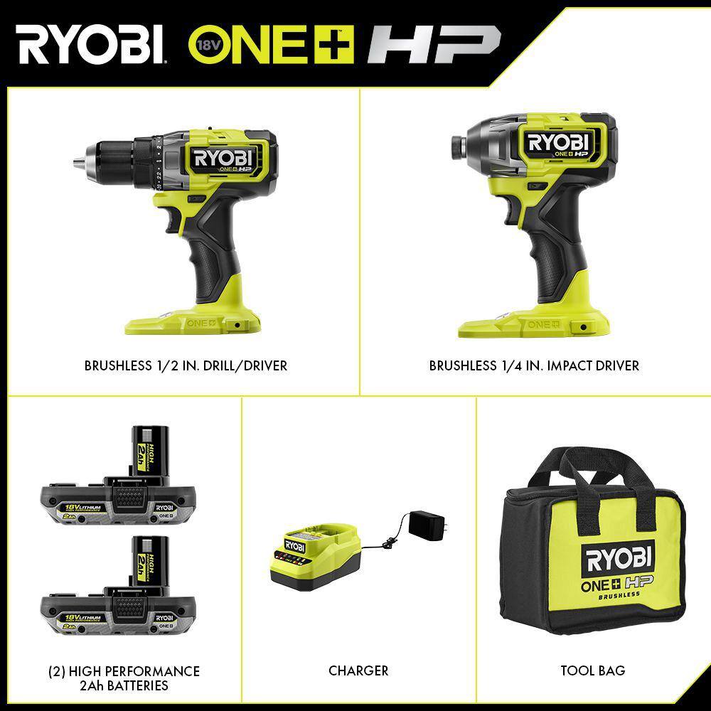 RYOBI ONE+ HP 18V Brushless Cordless 1/2 in. Drill/Driver and Impact Driver Kit w/(2) 2.0 Ah Batteries, Charger, and Bag PBLCK01K