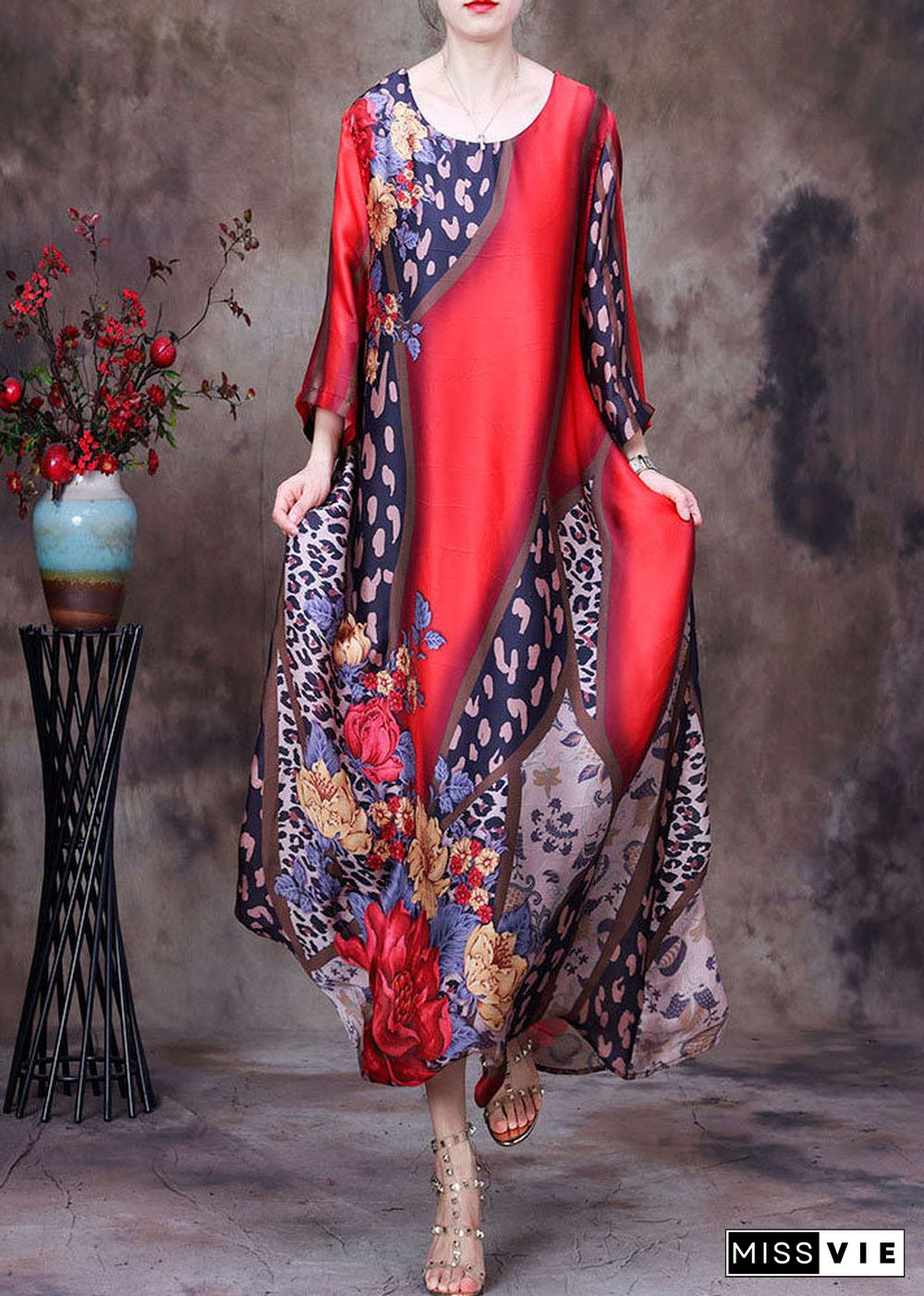 Bohemian Red O-Neck Print Side Open Silk Long Dress Short Sleeve