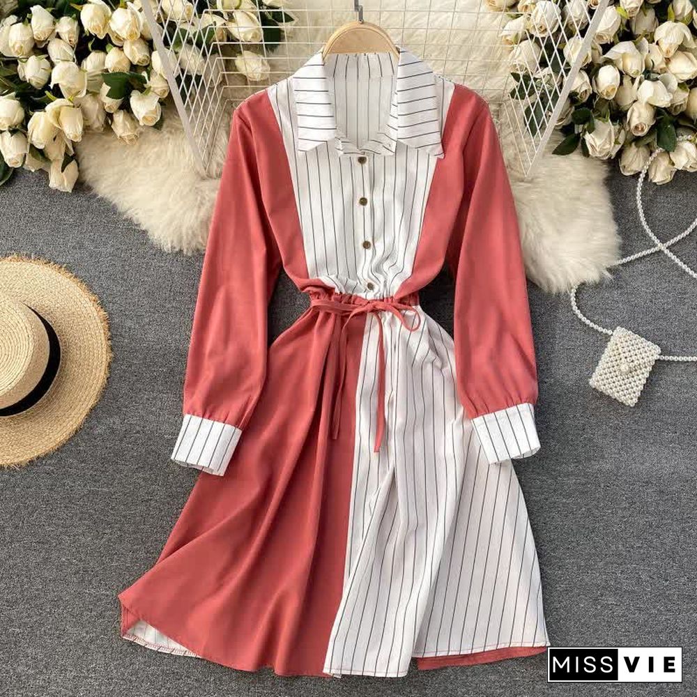 Colorblock Stripe Print Drawstring Long Sleeve Lapel Shirt Dress