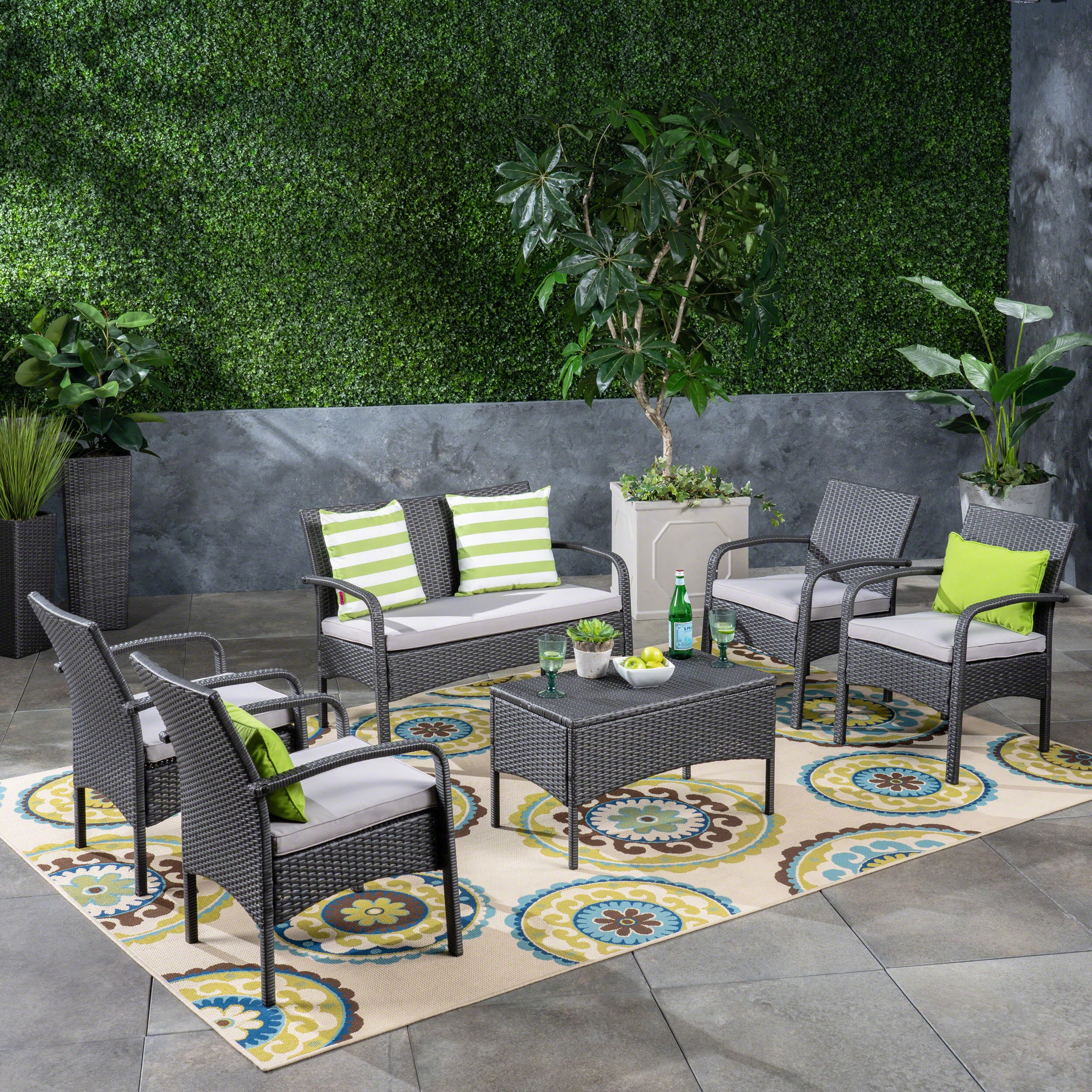 Mavis Patio Conversation Set, 6-Seater with Loveseat, Club Chairs, and Coffee Table, Gray Wicker with Light Gray Outdoor Cushions