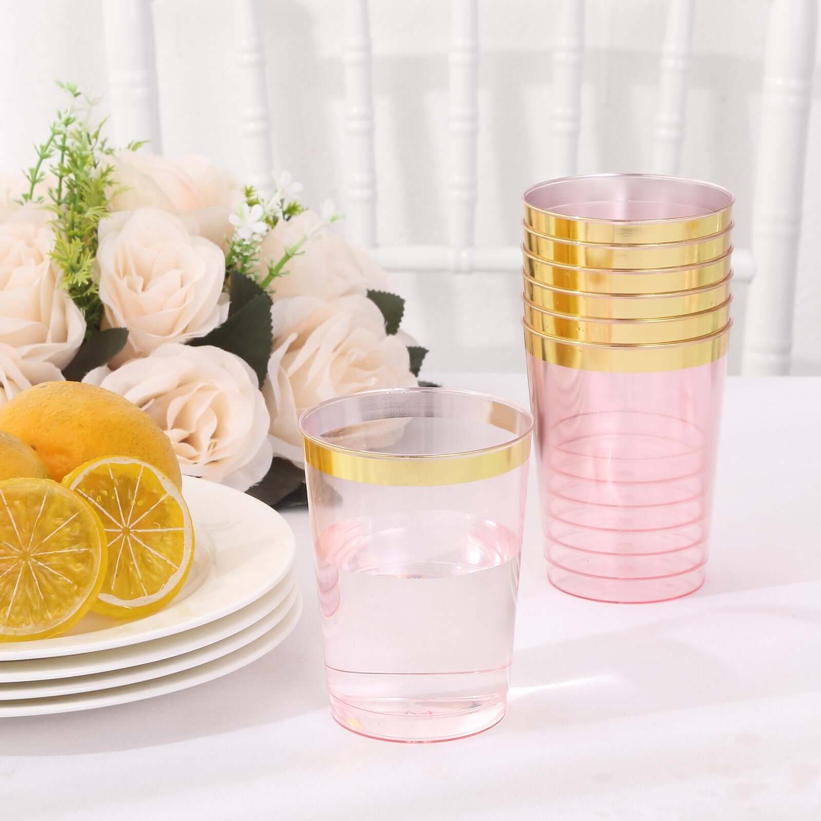 25 Pack Transparent Blush Crystal Plastic Tumbler Drink Glasses With Gold Rim, Disposable Party Cups 10oz