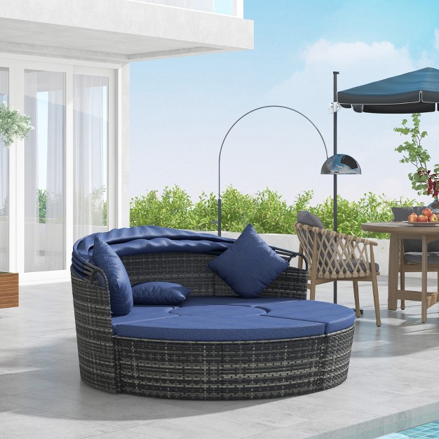 Outsunny Round Daybed 4 piece Cushioned Outdoor Rattan Wicker Sunbed Or Conversational Sofa Set With Sun Canopy