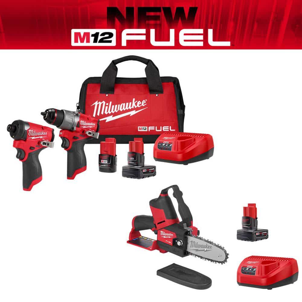 Milwaukee M12 FUEL 6 in 12V LithIon Brushless Electric Battery Chainsaw Saw HATCHET Kit with M12 FUEL Hammer Drill and Impact Kit