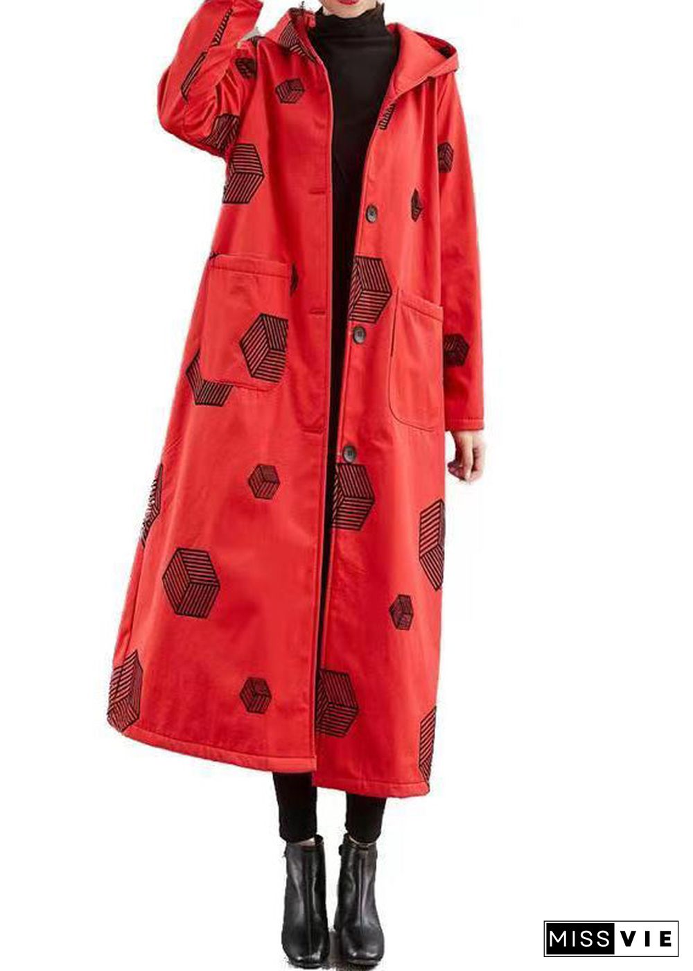 Red Pockets Print Patchwork Warm Fleece Hoodie Coat Winter