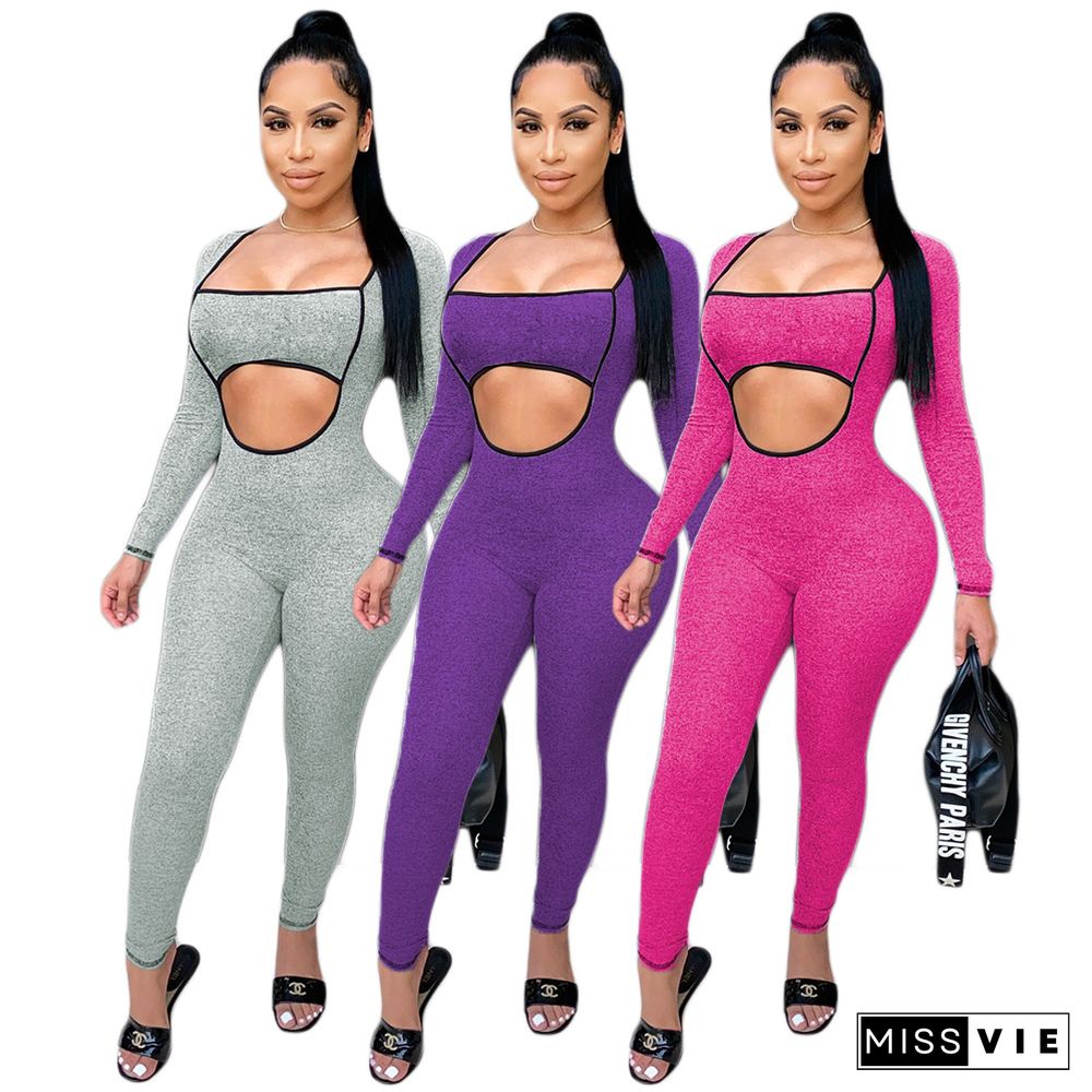 Sexy Solid Color Hollow-out Crop Navel Jumpsuit