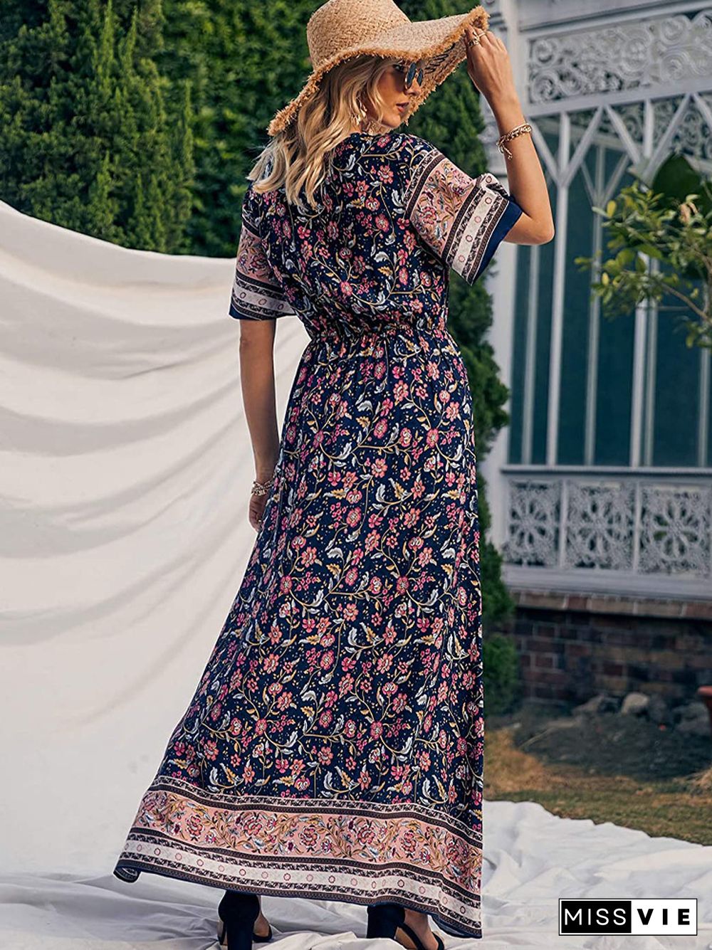 Bohemian Print V-neck Waist Dress Resort Beach Dress