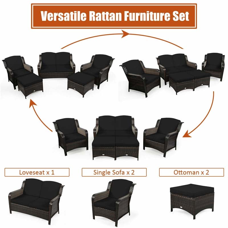 5 Pcs Rattan Wicker Patio Furniture Set with Loveseat, Single Sofas & Ottomans, Outdoor Conversation Sets