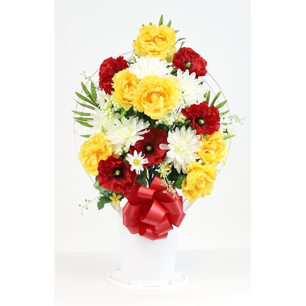 Memorial Rose Poppy and Mum Mix Arrangement in Large，White Cemetery Hoop Basket with Handle