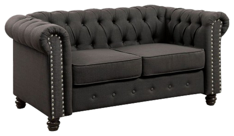 Fabric Upholstered Chesterfield Loveseat With Nailhead Trims Gray  Saltoro   Traditional   Loveseats   by VirVentures  Houzz