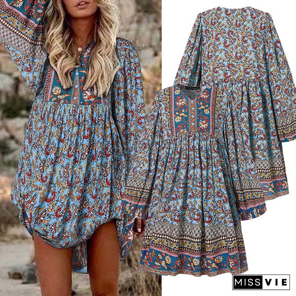 ZANZEA Women Fashion Long Sleeve Floral Print Mini Dresses Bohemian Beach A Line Sundress Robe Vestidos