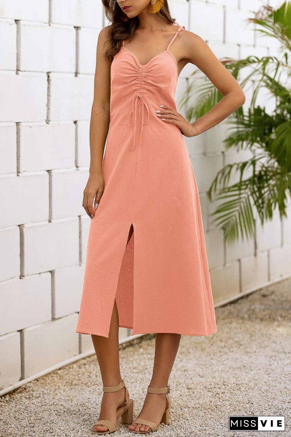 Solid Drawstring Slit Cami Dress