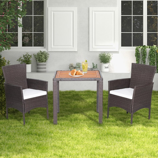 Costway 3pcs Patio Wicker Dining Set Acacia Wood Table Top With Cushioned Chairs Garden