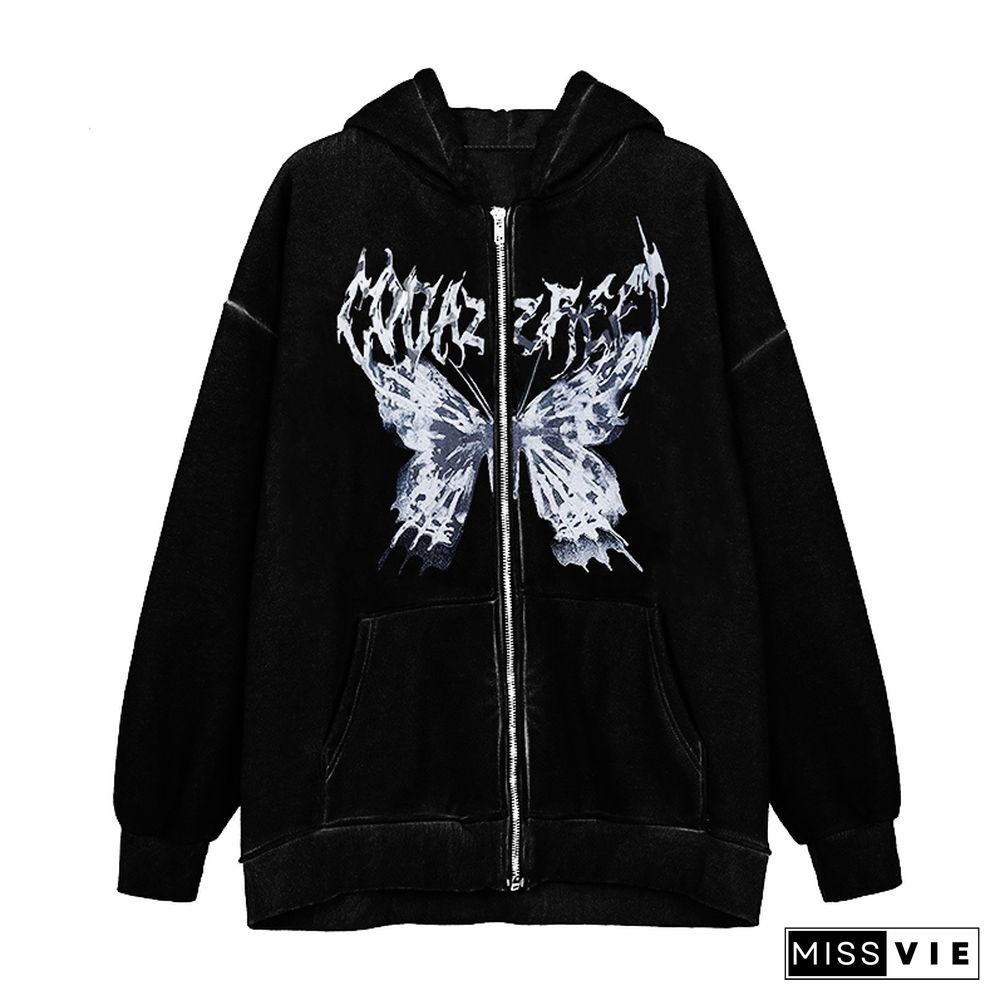 Darkness Butterfly Print Pocket Hooded Sweatshirt