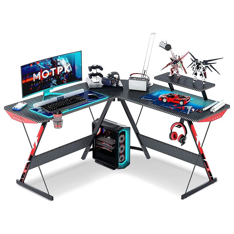 MOTPK 51 Inch L Shaped Carbon Fiber Computer Gaming Desk w/ Monitor Shelf， Black