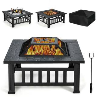 Gymax 32 in. 3-In-1 Outdoor Square Fire Pit Table with BBQ Grill Rain Cover for Camping GYM08940