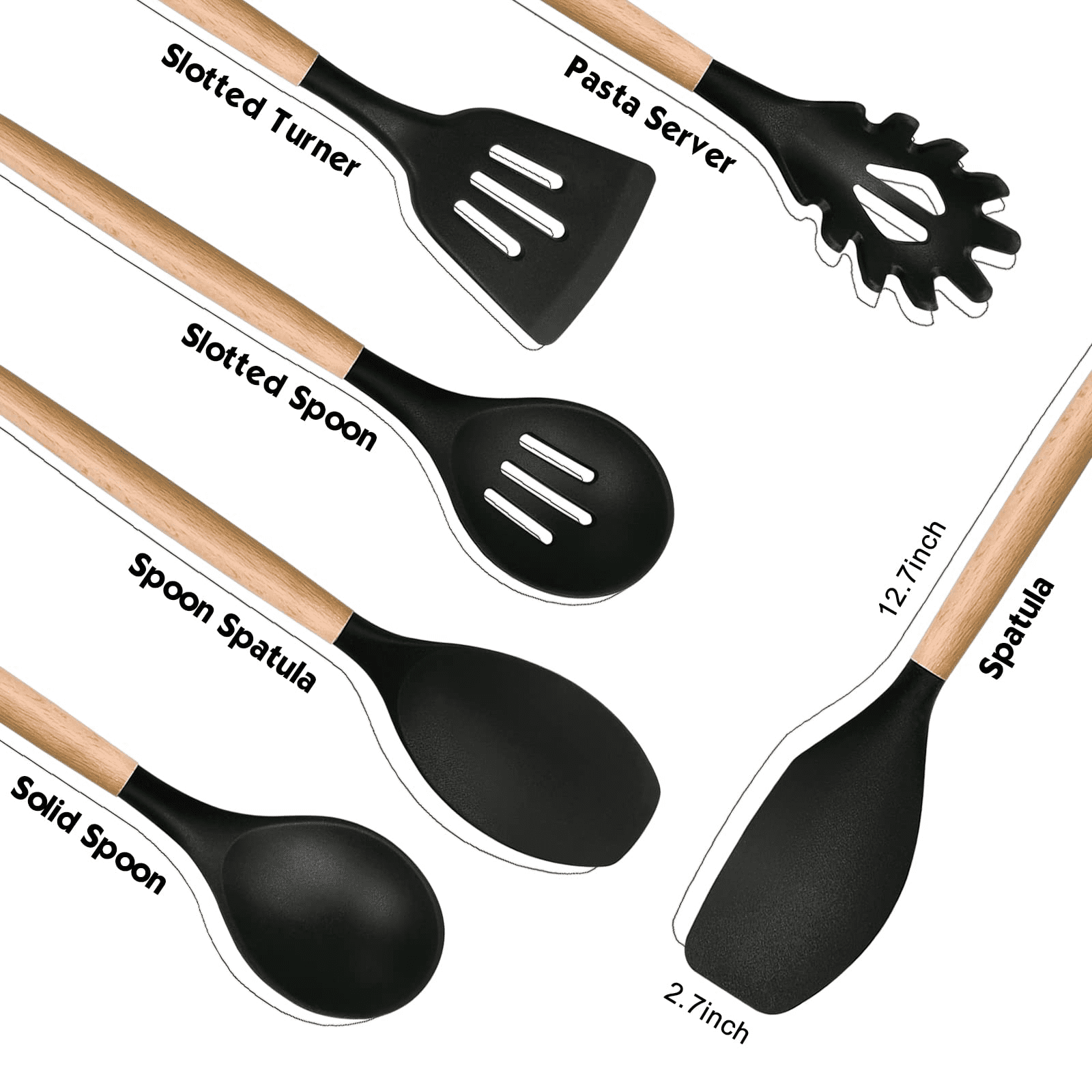 Kitchen Utensils Set of 6, E-far Silicone Cooking Utensils with Wooden Handle, Non-stick Cookware Friendly & Heat Resistant, Includes Spatula/Ladle/Slotted Turner/Serving Spoon/Spaghetti Server(Black)