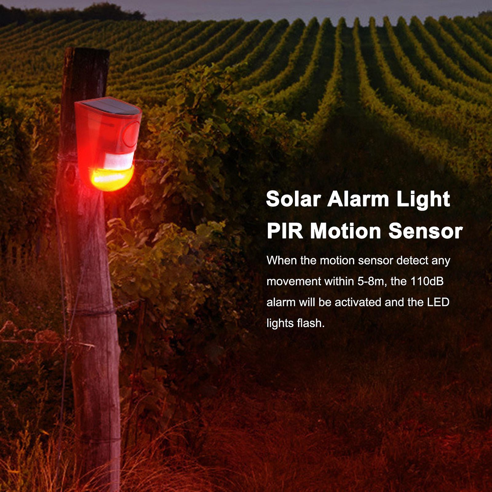 Red Solar Alarm Light Pir Motion Sensor Lights 110db Loud Siren Led Strobe Lights Outdoor Ip65 Waterproof Rechargeable For Farm Villa Yard Barn Home