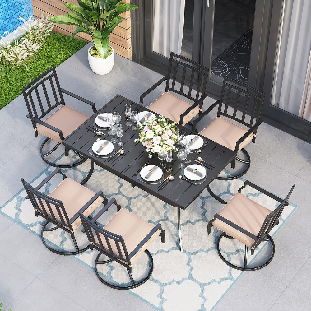 7 Pieces Patio Dining Set  6 x Swivel Dining Chairs with Cushion and 1 Metal Table with 2.6\