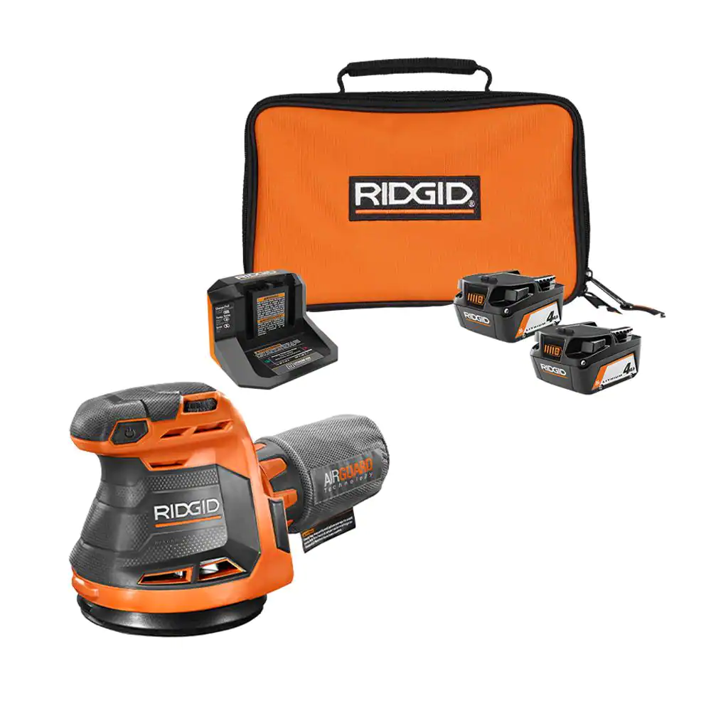 RIDGID R8606B-AC93044SBN 18V Cordless 5 in. Random Orbit Sander with (2) 4.0 Ah Batteries， 18V Charger， and Bag