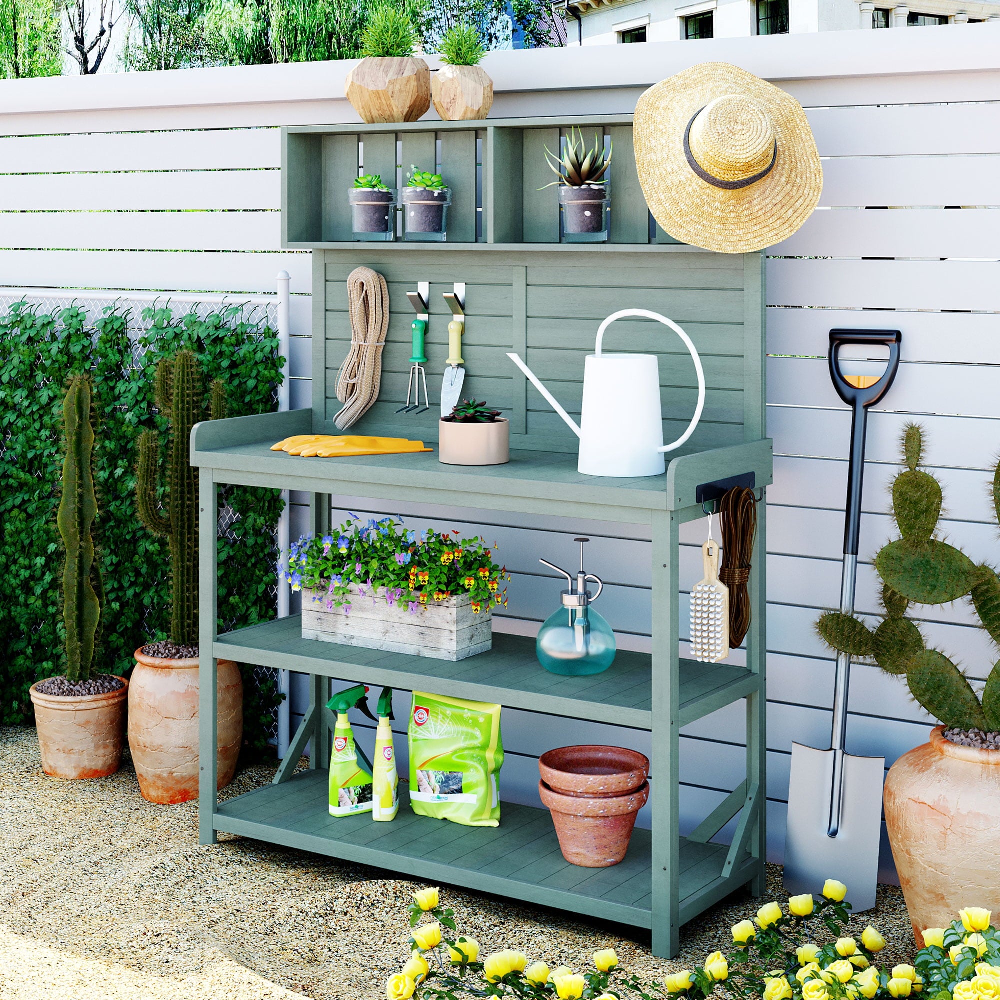 CoSoTower 65" Large Wooden Farmhouse Rustic Outdoor Potting Bench Table, Patio Workstation, Garden Potting Bench With 4 Storage Shelves And Side Hook, Green