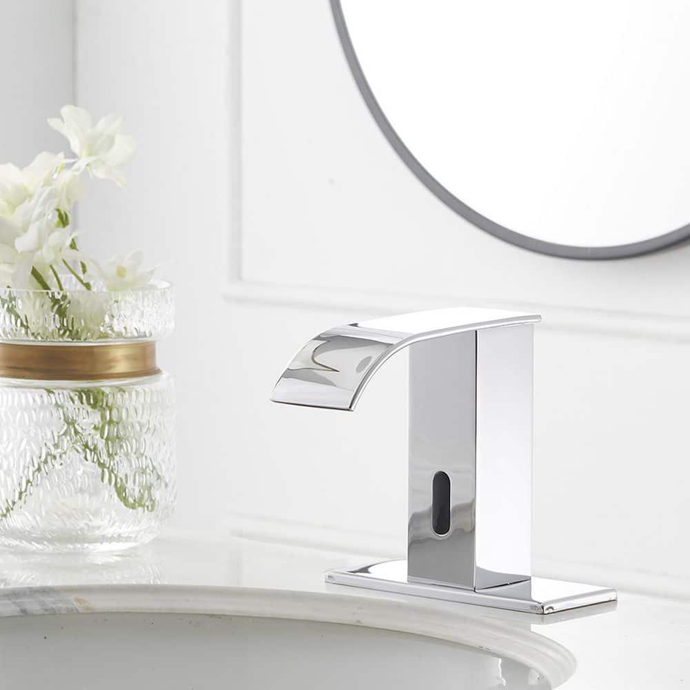 BWE DC Powered Commercial Touchless Single Hole Bathroom Faucet With Deck Plate and Pop Up Drain In Polished Chrome