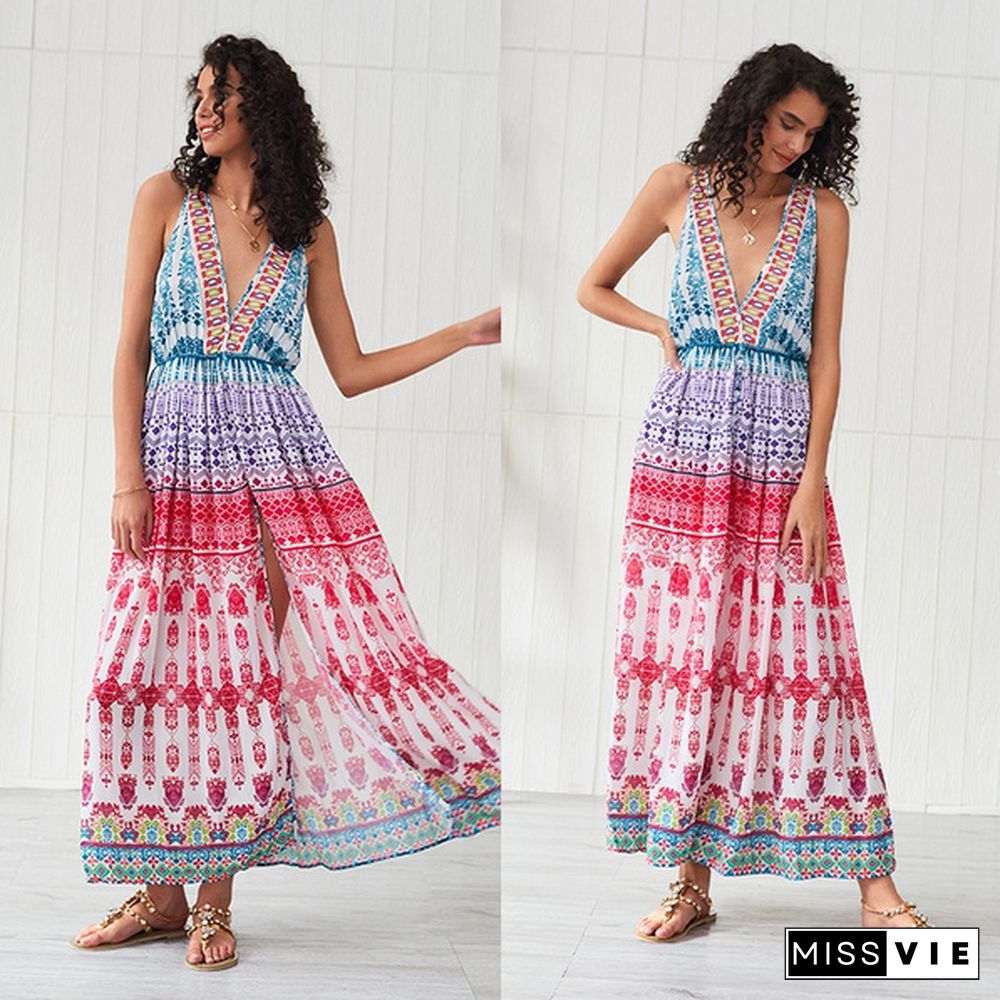 Women Bohemian Dress Beach Slit Hem Dress Boho Deep V Neck Vacation Sleeveless Floral Dress Long Maxi Dress