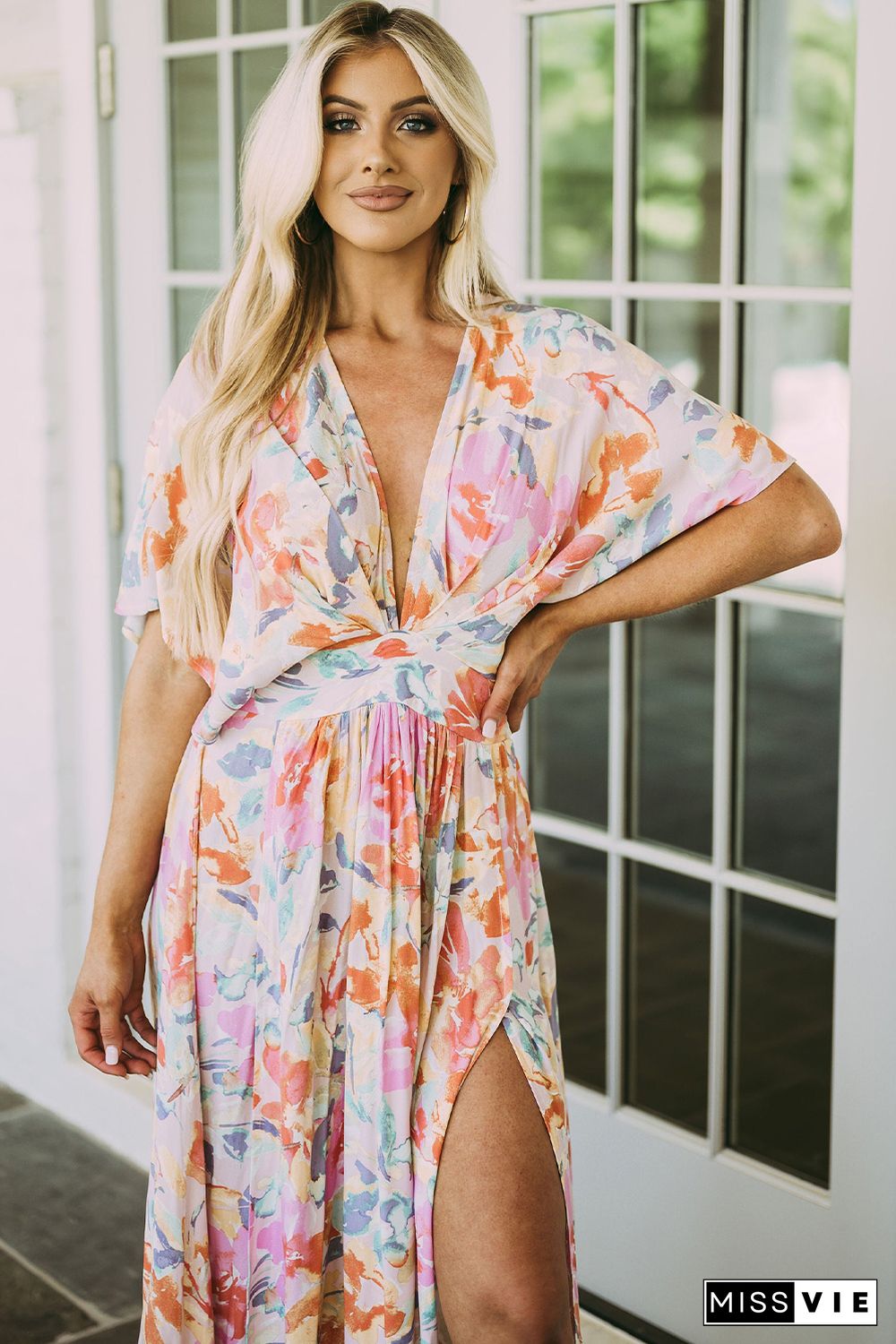 Multicolor Tropical Floral Print Ruched V Neck Maxi Dress