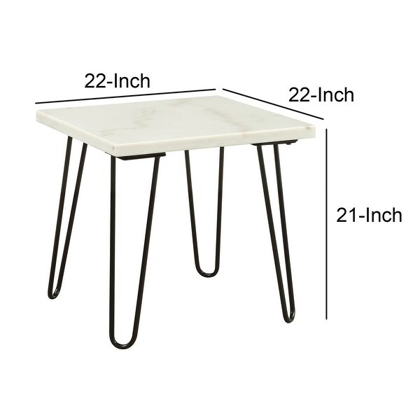 Marble Top End Table with Hairpin Style Metal Legs， White and Black