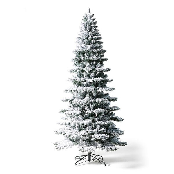 Glitzhome 7.5ft/9ft PreLit Flocked Slim Spruce Artificial Christmas Tree with Warm White Lights