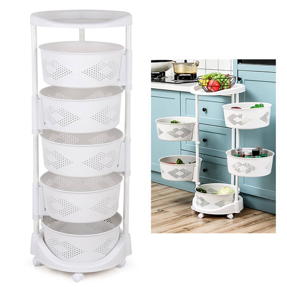 YIYIBYUS White Rolling 5-Tier PP Carbon Steel Storage Basket Shelving Unit (14.3 in. W x 36.2 in. H x 14.3 in. D) HG-HSYXF-6820