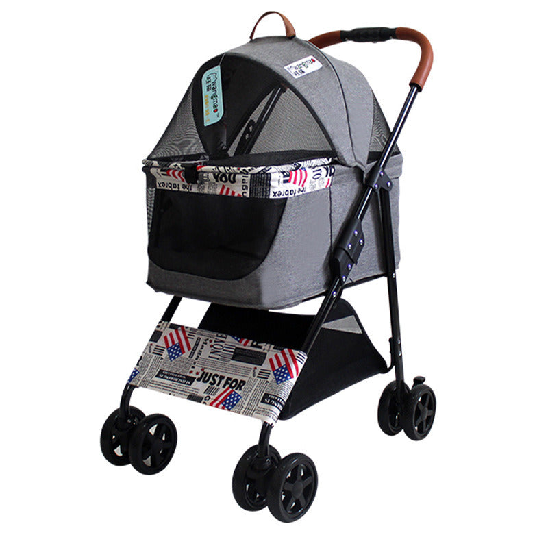 Portable Pet Stroller Cat Trolley， Dog Travel Cart Pram Shockproof Pet Detachable Strolling Cart， Puppy Pushchair Four-wheeled， One Click Quick Folding - Gray