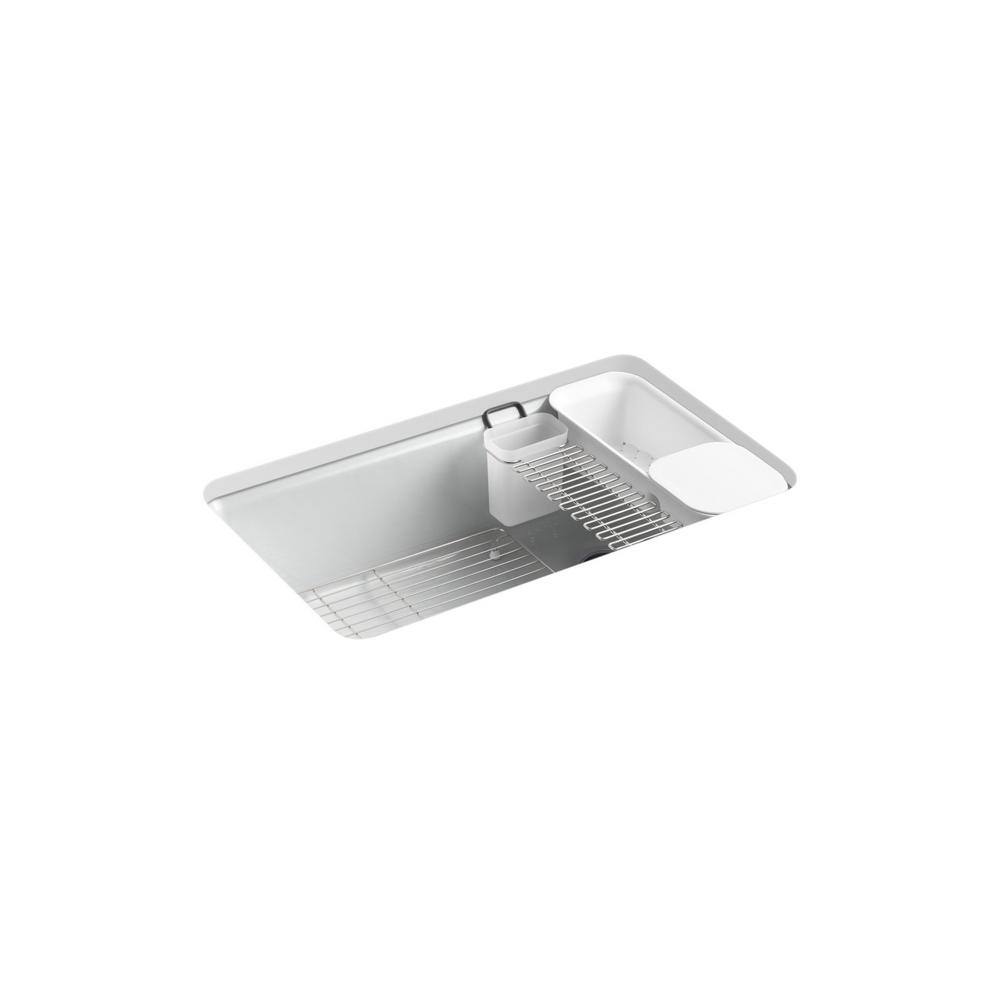 KOHLER Riverby Undermount Cast-Iron 33 in. 5-Hole Single Bowl Kitchen Sink Kit with Accessories in Ice Grey K-5871-5UA3-95